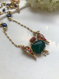 Green onyx kundan pendant with gundu beads chain-Silver Neckpiece-PL-House of Taamara