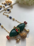 Green onyx kundan pendant with gundu beads chain-Silver Neckpiece-PL-House of Taamara