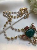 Green onyx kundan pendant with gundu beads & pearls chain-Silver Neckpiece-PL-House of Taamara
