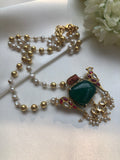 Green onyx kundan pendant with gundu beads & pearls chain-Silver Neckpiece-PL-House of Taamara