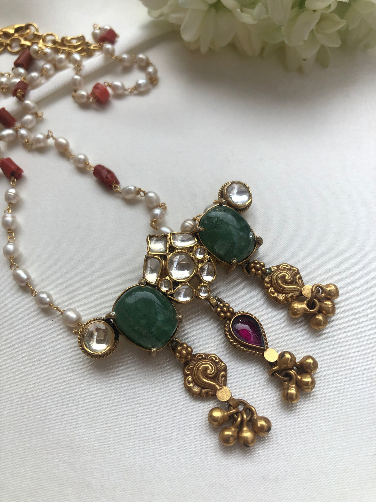 Green onyx kundan pendant with pearls chain (Copy)-Silver Neckpiece-PL-House of Taamara