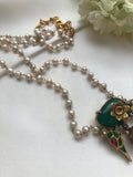 Green onyx kundan pendant with pearls chain-Silver Neckpiece-PL-House of Taamara