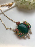 Green onyx kundan pendant with small gold balls & pearls chain-Silver Neckpiece-PL-House of Taamara
