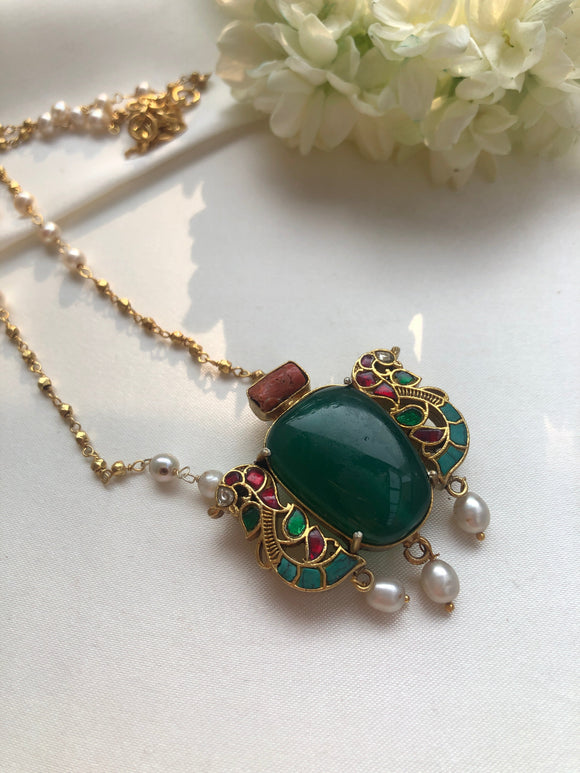 Green onyx kundan pendant with small gold balls & pearls chain-Silver Neckpiece-PL-House of Taamara