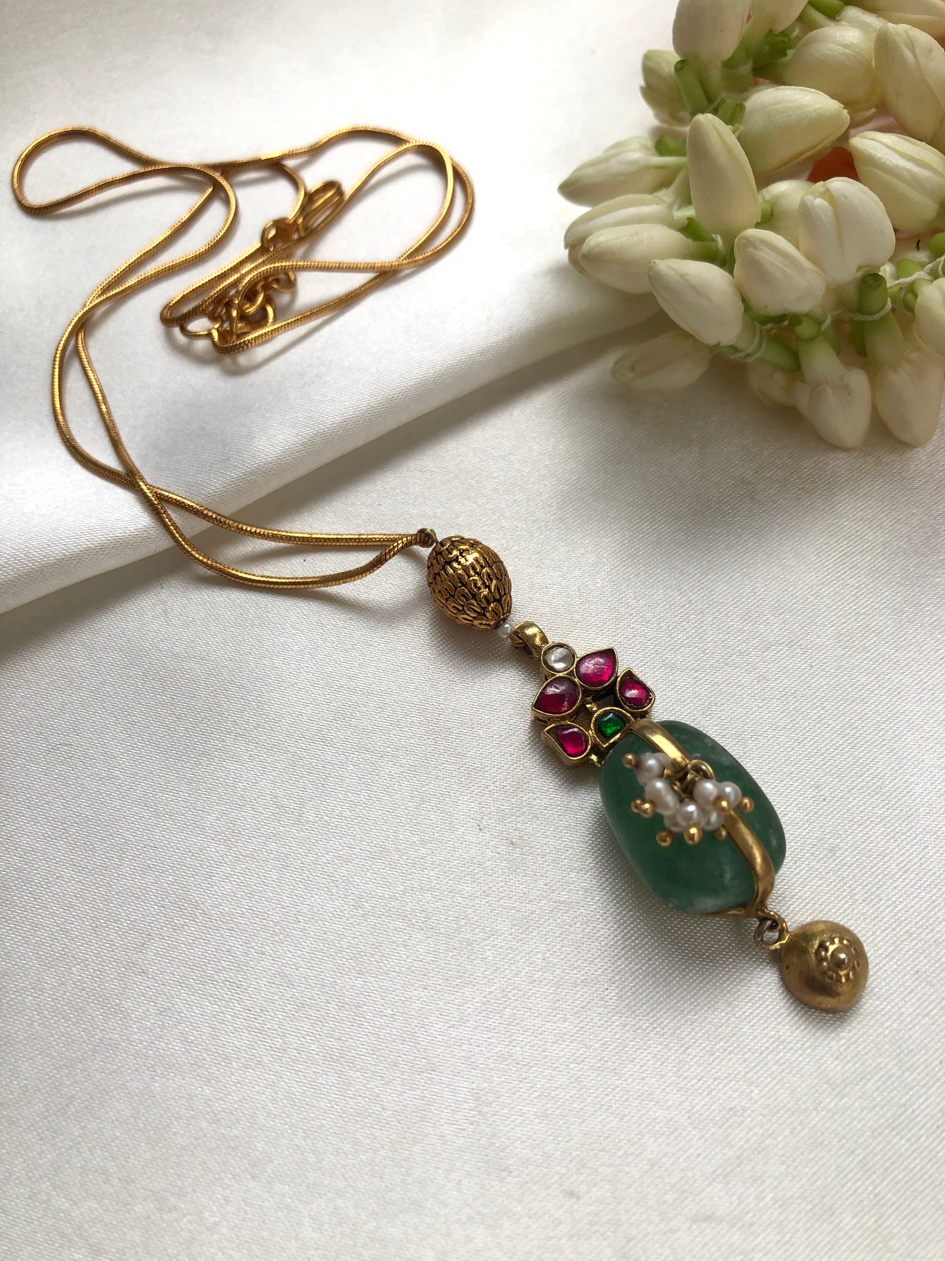 Green onyx pendant with gold polish chain-Silver Neckpiece-PL-House of Taamara