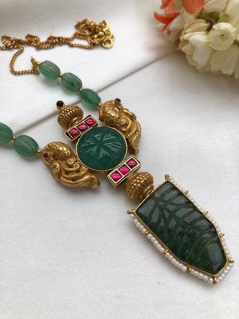Green onyx with ruby kundan pendant with green ribbed stone & gold polish chain-Silver Neckpiece-PL-House of Taamara