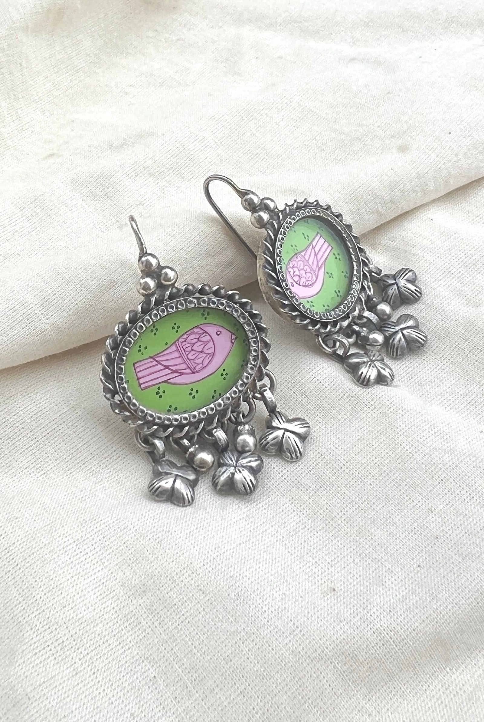 Green oval with pink bird-Silver earrings-EZ-House of Taamara