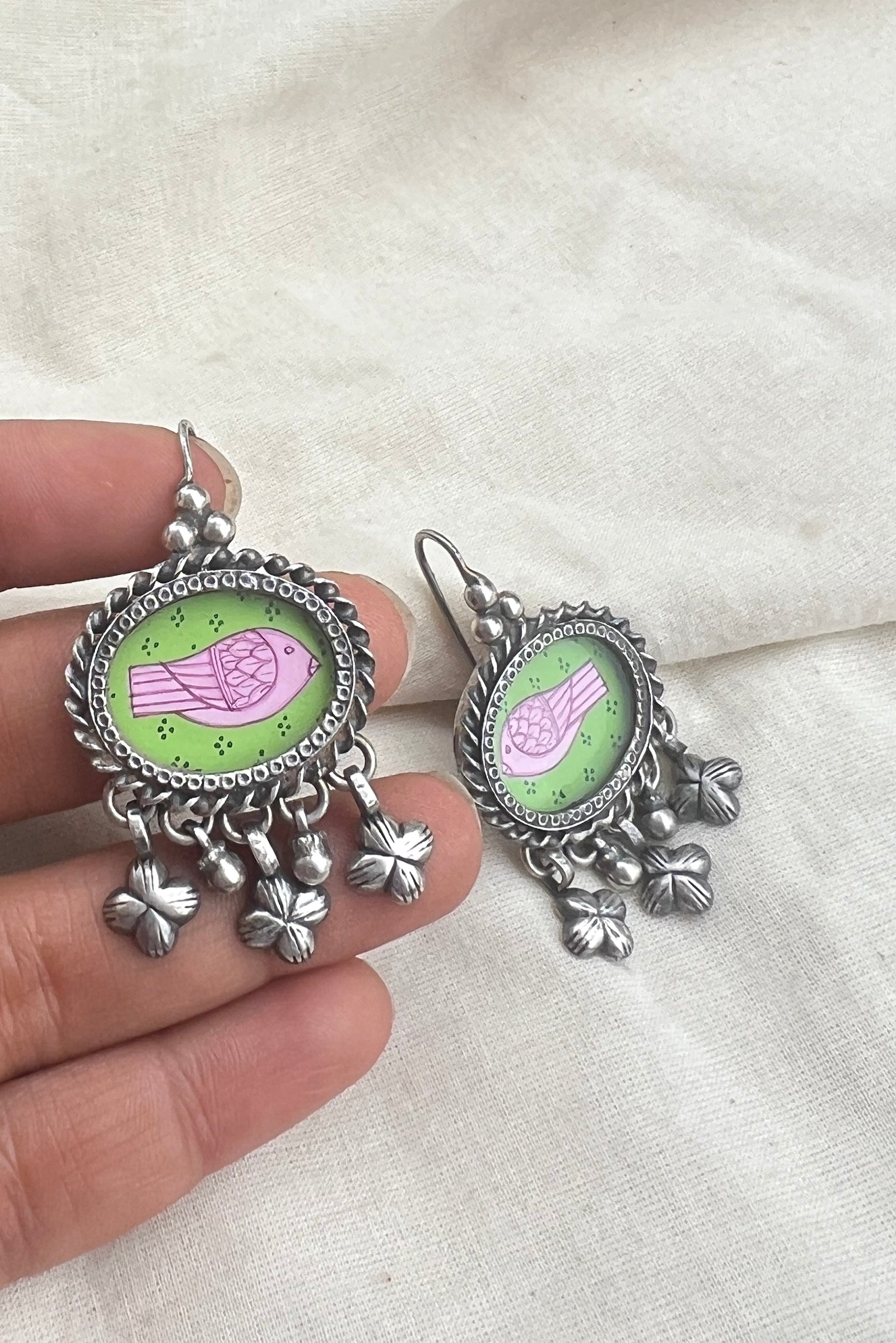 Green oval with pink bird-Silver earrings-EZ-House of Taamara