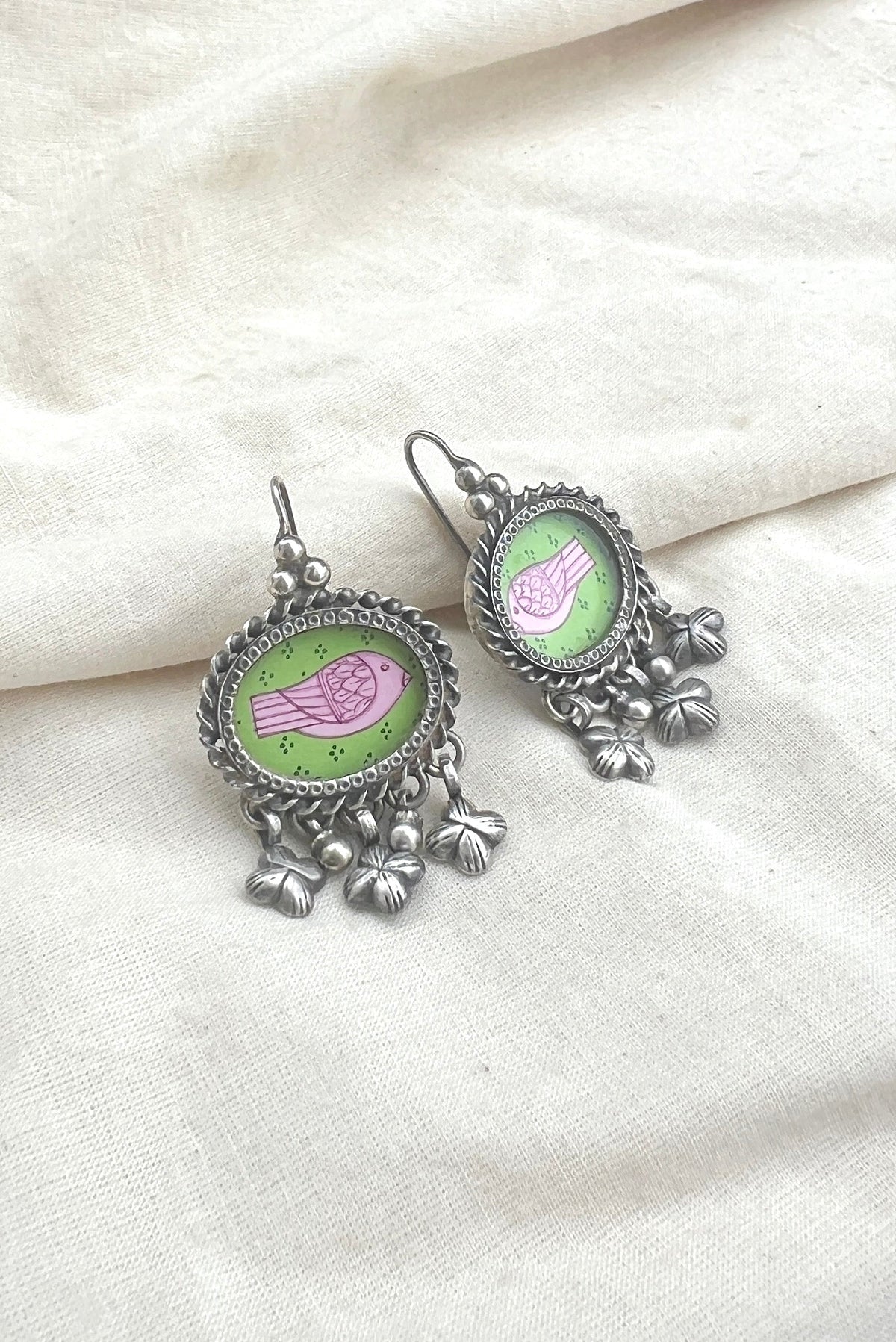 Green oval with pink bird-Silver earrings-EZ-House of Taamara