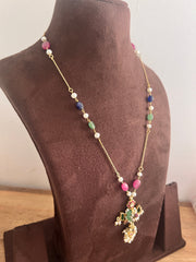 Green pendant with multicolour onyx beads chain-Silver Neckpiece-PL-House of Taamara