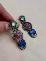 Green & pink kemp earrings with blue lapiz stone-Earrings-CI-House of Taamara