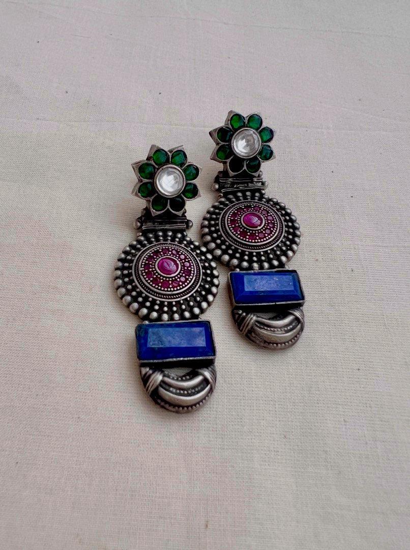 Green & pink kemp earrings with blue lapiz stone-Earrings-CI-House of Taamara