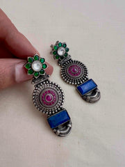 Green & pink kemp earrings with blue lapiz stone-Earrings-CI-House of Taamara