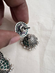 Green & pink kemp silver jhumkas with pearls-Earrings-CI-House of Taamara