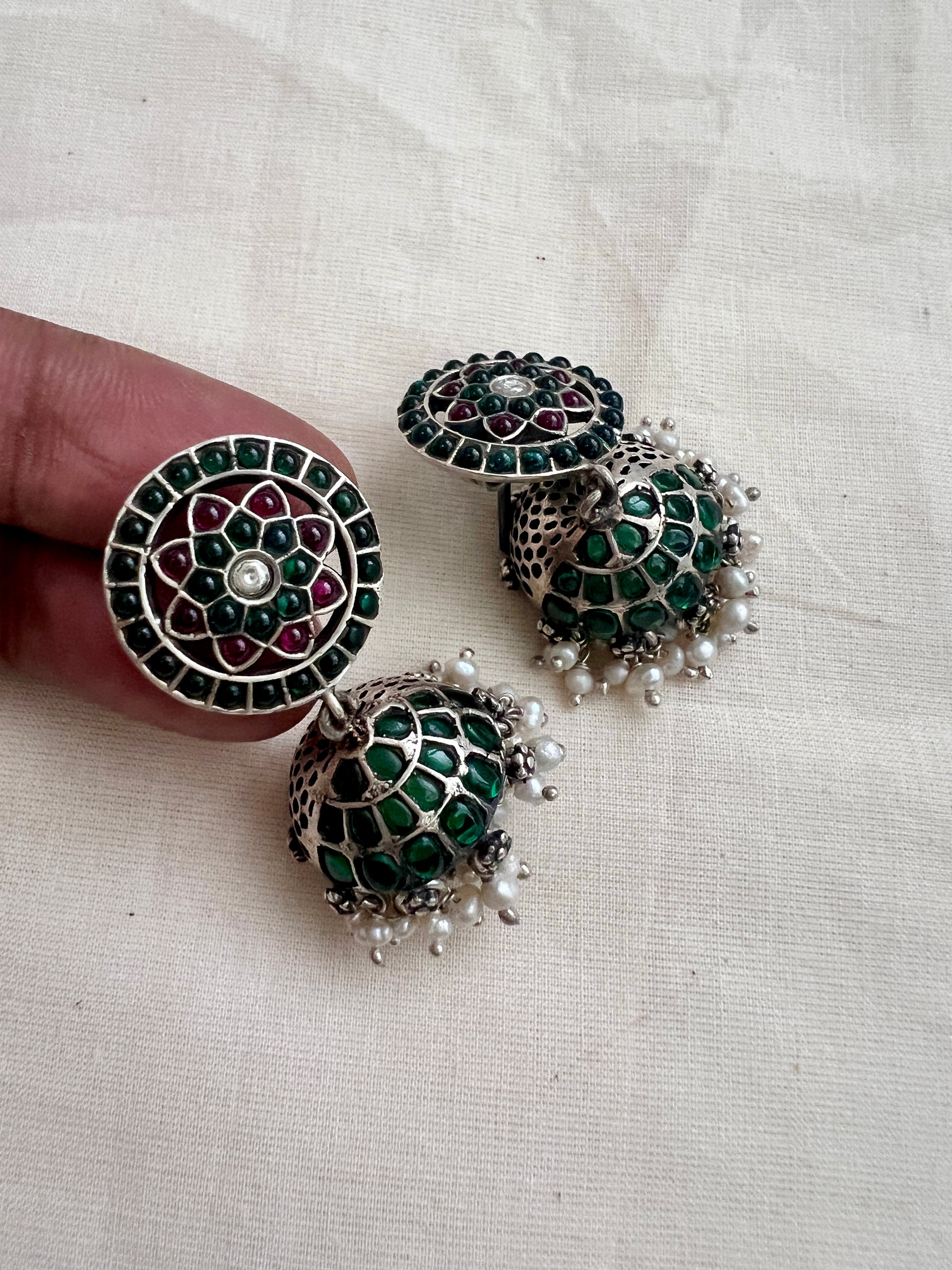 Green & pink kemp silver jhumkas with pearls-Earrings-CI-House of Taamara