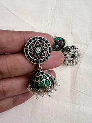 Green & pink kemp silver jhumkas with pearls-Earrings-CI-House of Taamara