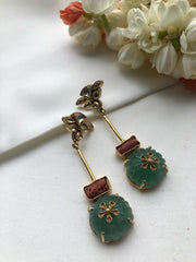 Green pumpkin bead with kundan and coral earrings-Earrings-PL-House of Taamara