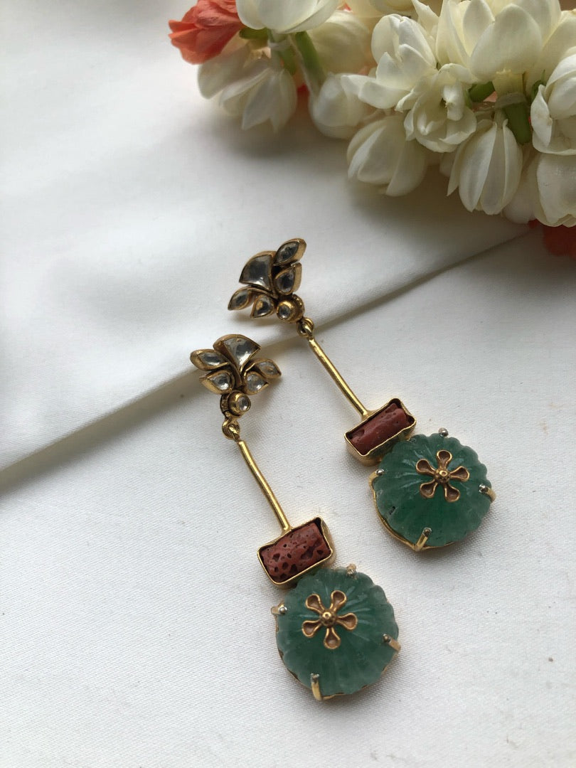 Green pumpkin bead with kundan and coral earrings-Earrings-PL-House of Taamara