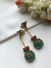 Green pumpkin bead with kundan and coral earrings-Earrings-PL-House of Taamara