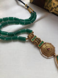Green rhodolite cylindrical semi precious beads with kundan agate pendant-Silver Neckpiece-PL-House of Taamara