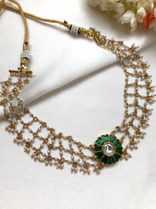Green round kundan style choker with pearls layered mala-Silver Neckpiece-PL-House of Taamara