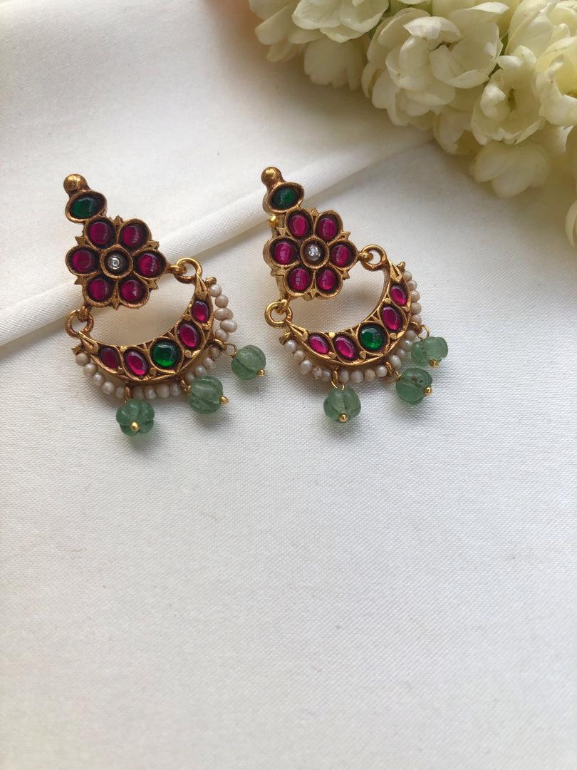 Green & ruby chand earrings with pearls and green pumpkin beads-Earrings-PL-House of Taamara