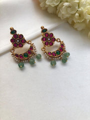 Green & ruby chand earrings with pearls and green pumpkin beads-Earrings-PL-House of Taamara