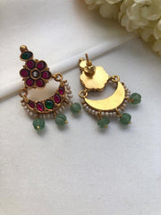 Green & ruby chand earrings with pearls and green pumpkin beads-Earrings-PL-House of Taamara