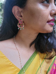 Green & ruby chand earrings with pearls and green pumpkin beads-Earrings-PL-House of Taamara