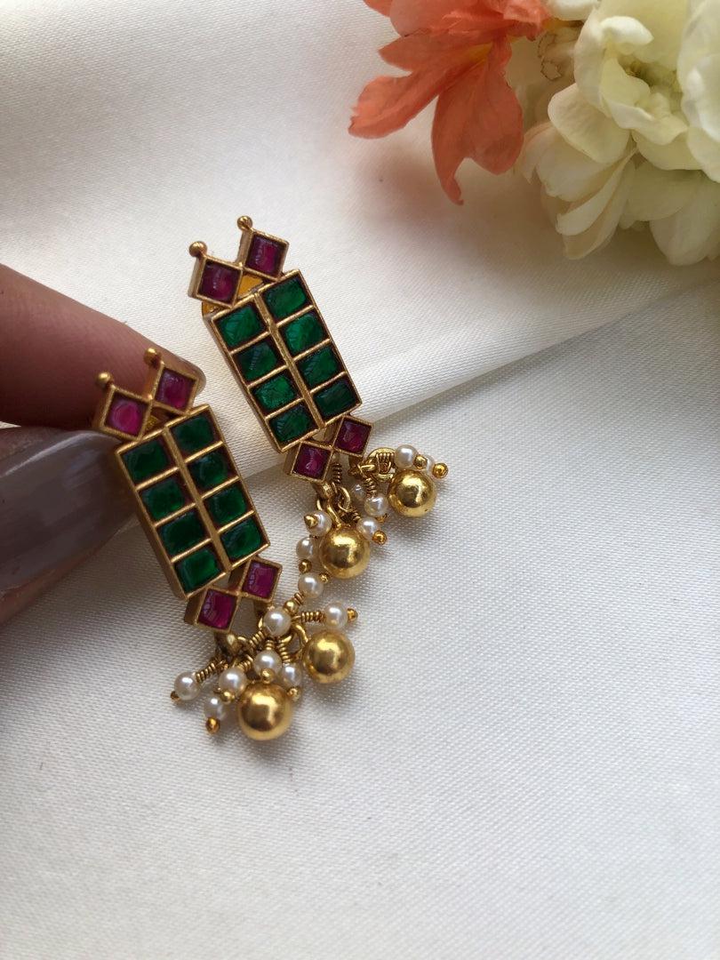 Green & ruby earrings with bunch pearls & gold beads-Earrings-PL-House of Taamara