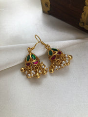 Green & ruby kundan jhumkas with gold polish gundus & pearls bunch-Earrings-PL-House of Taamara