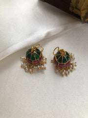 Green & ruby kundan jhumkas with pearls bunch-Earrings-PL-House of Taamara