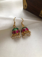 Green & ruby kundan jhumkas with pearls bunch-Earrings-PL-House of Taamara