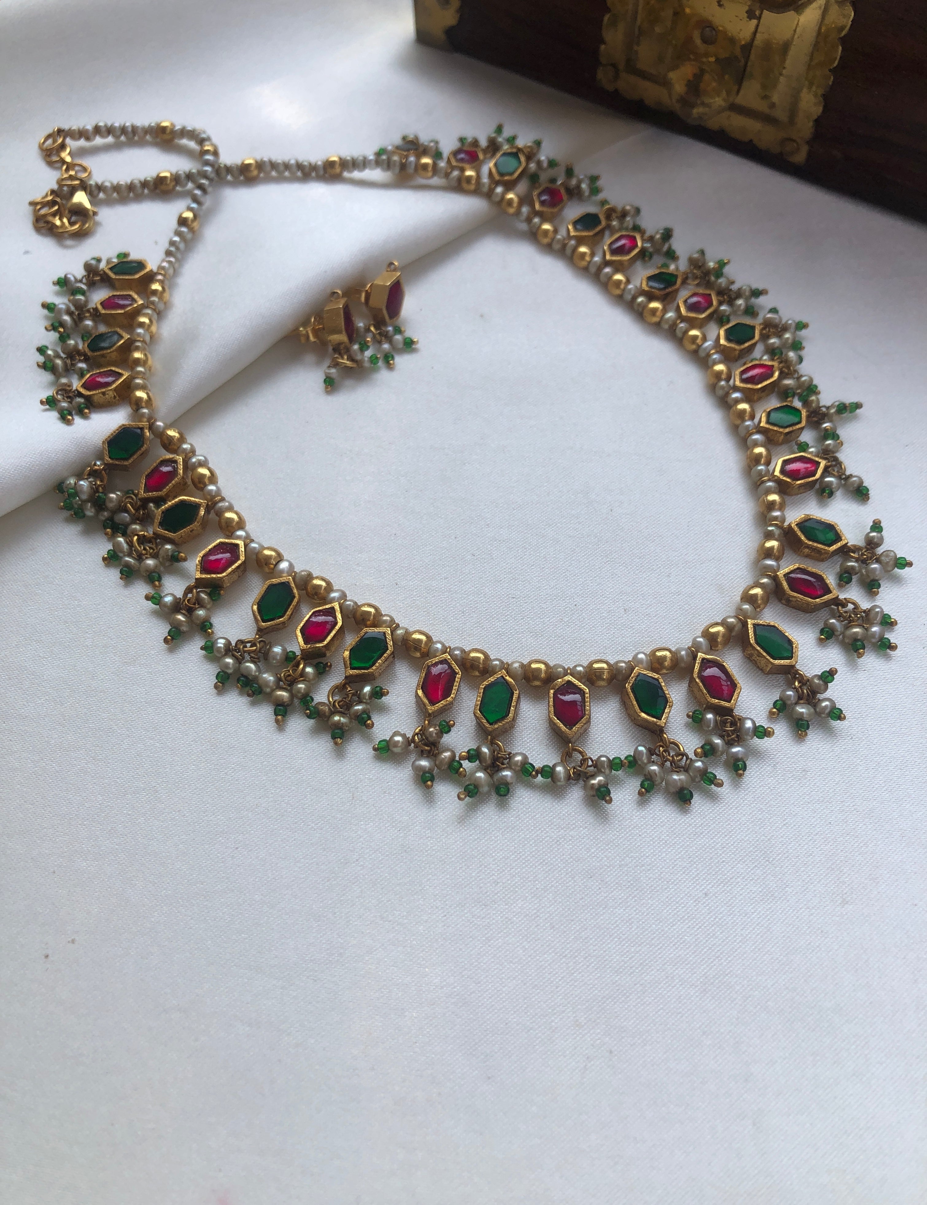 Green & ruby kundan with pearls, SET-Silver Neckpiece-PL-House of Taamara