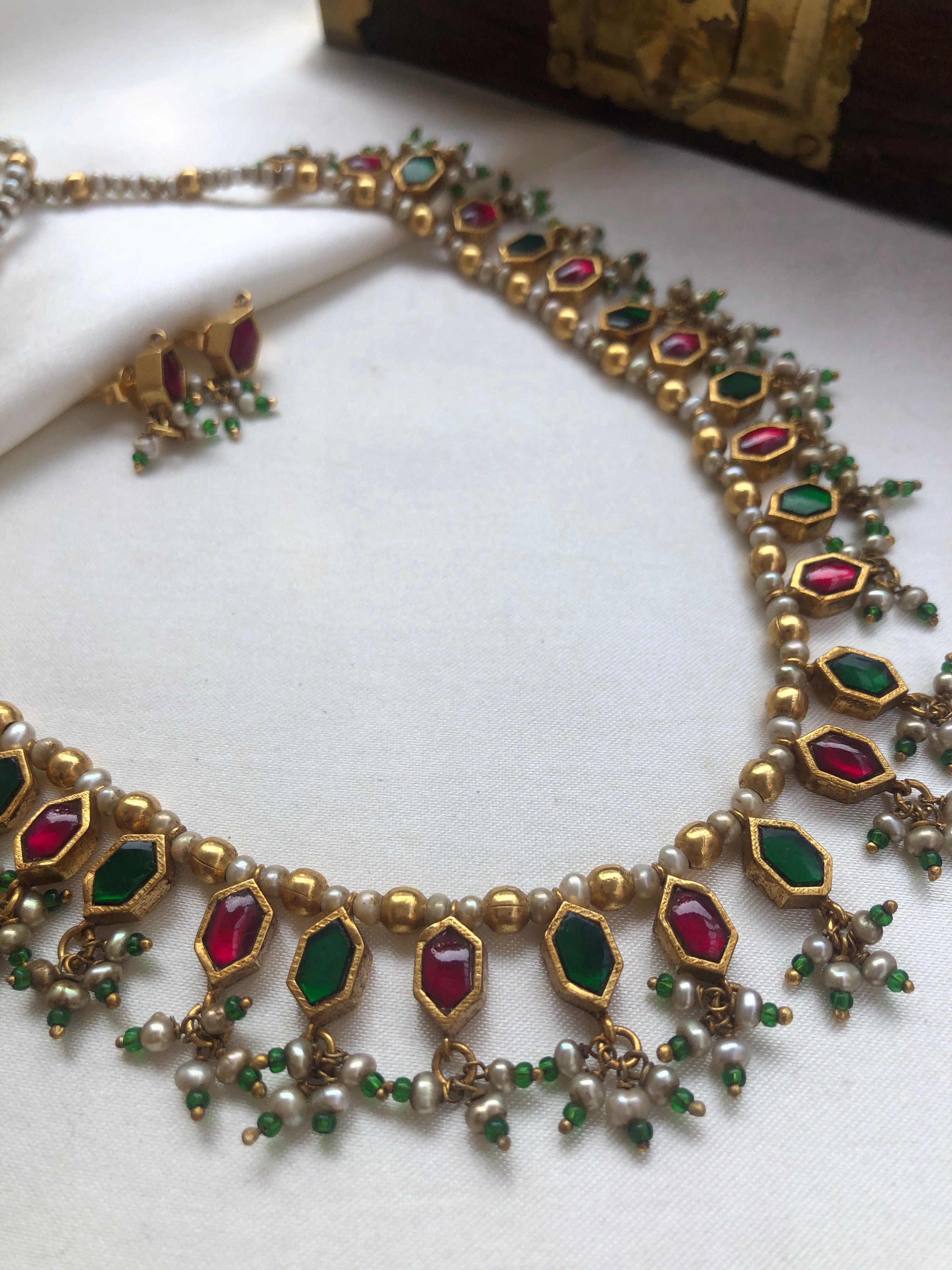 Green & ruby kundan with pearls, SET-Silver Neckpiece-PL-House of Taamara