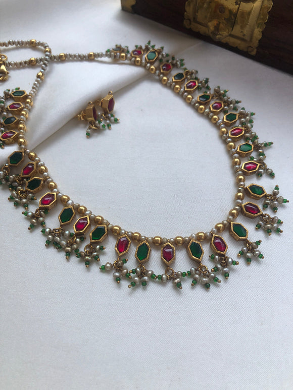 Green & ruby kundan with pearls, SET-Silver Neckpiece-PL-House of Taamara