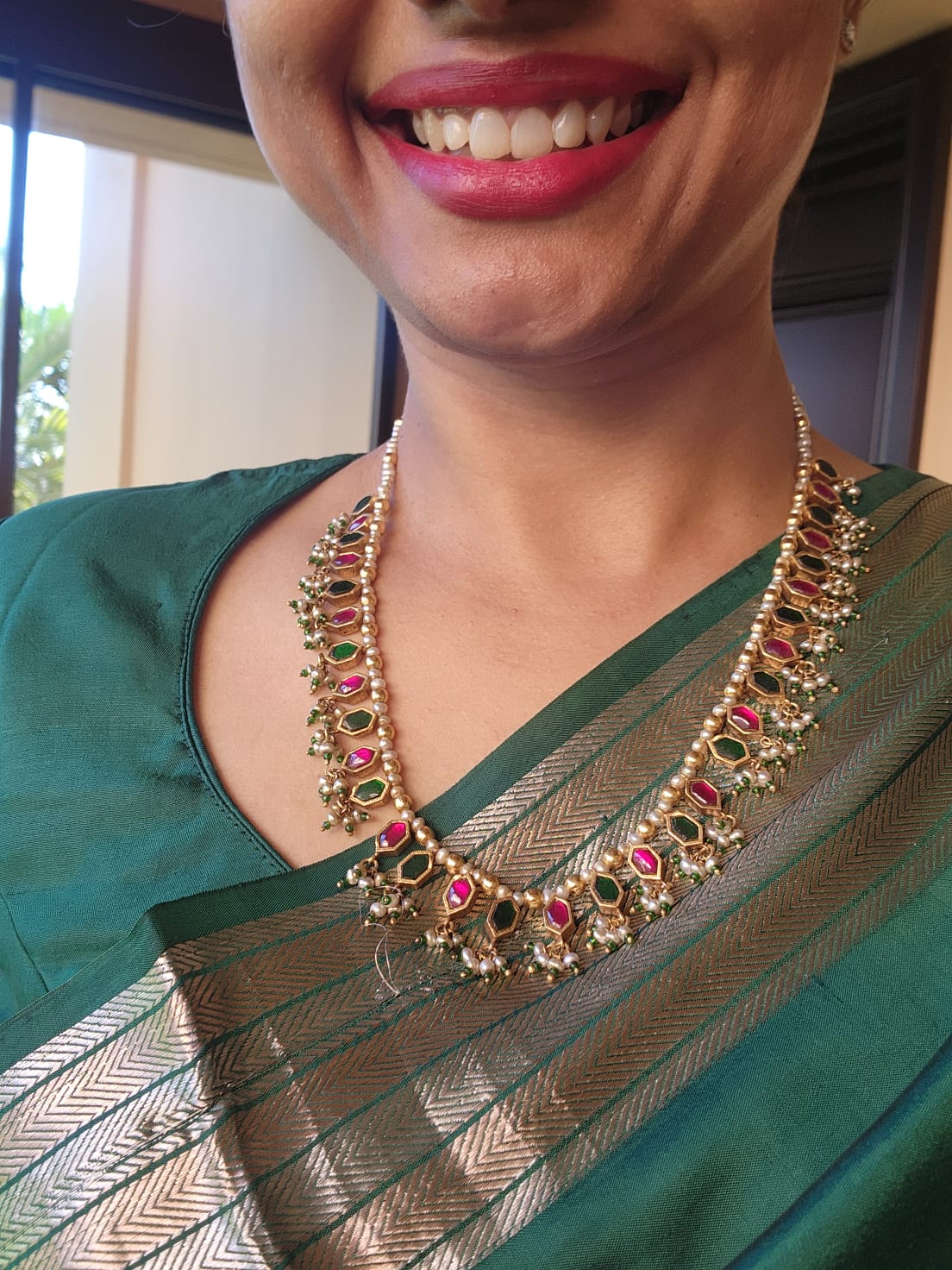 Green & ruby kundan with pearls, SET-Silver Neckpiece-PL-House of Taamara