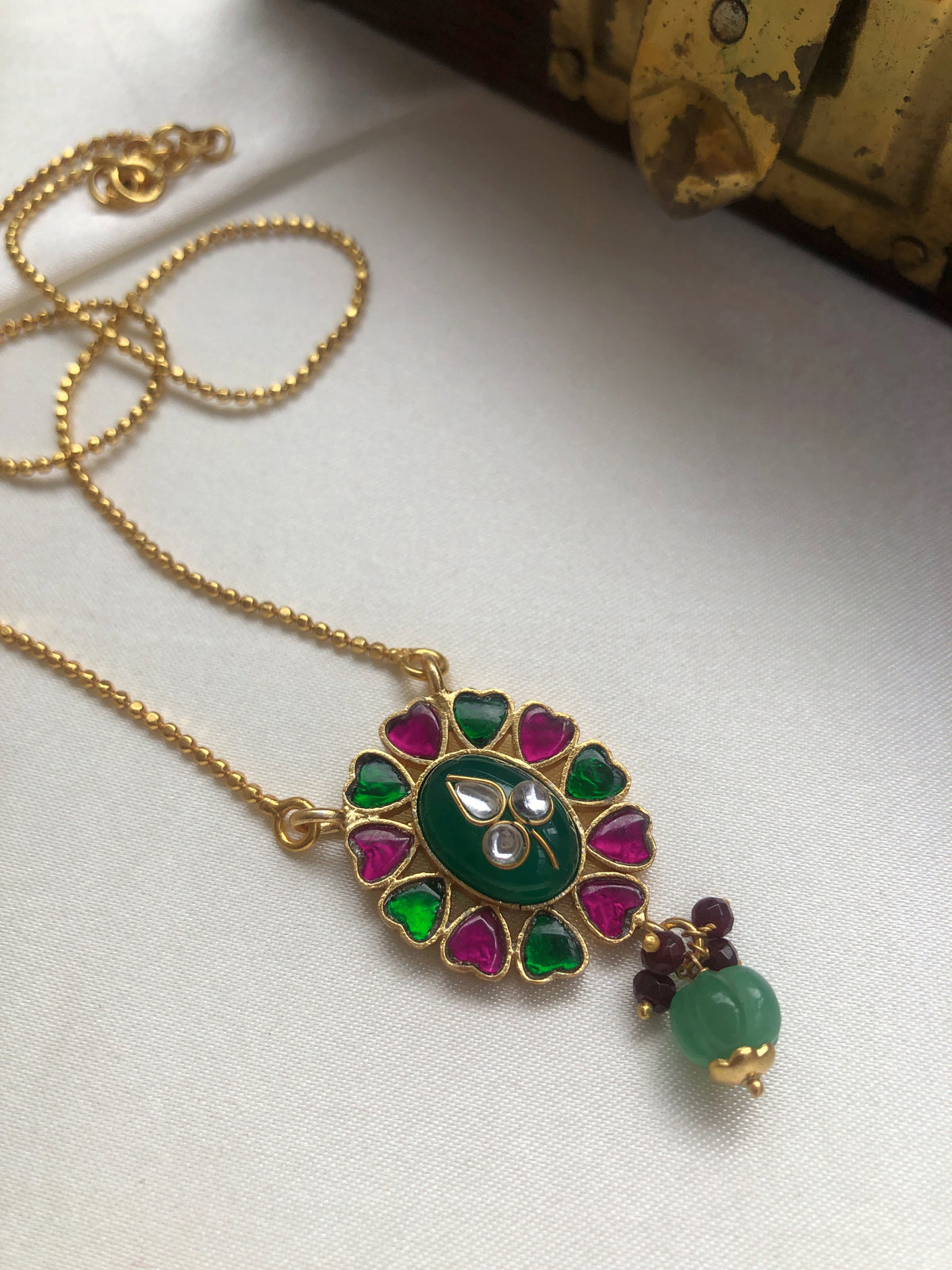 Green & ruby pendant with green drop with gold polish chain-Silver Neckpiece-PL-House of Taamara