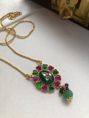 Green & ruby pendant with green drop with gold polish chain-Silver Neckpiece-PL-House of Taamara