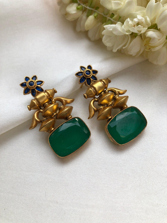 Green square emerald cut onyx & blue kundan flower antique style earrings-Earrings-PL-House of Taamara