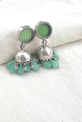 Green stripe stud with a jhumki at bottom and green beads-Silver earrings-EZ-House of Taamara