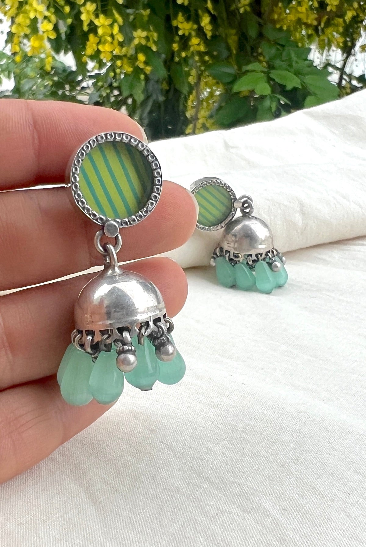 Green stripe stud with a jhumki at bottom and green beads-Silver earrings-EZ-House of Taamara