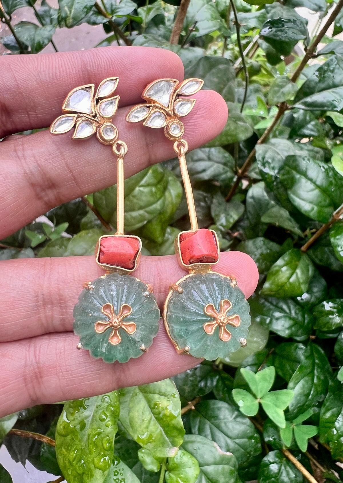 Green with kundan and coral earrings-Earrings-PL-House of Taamara