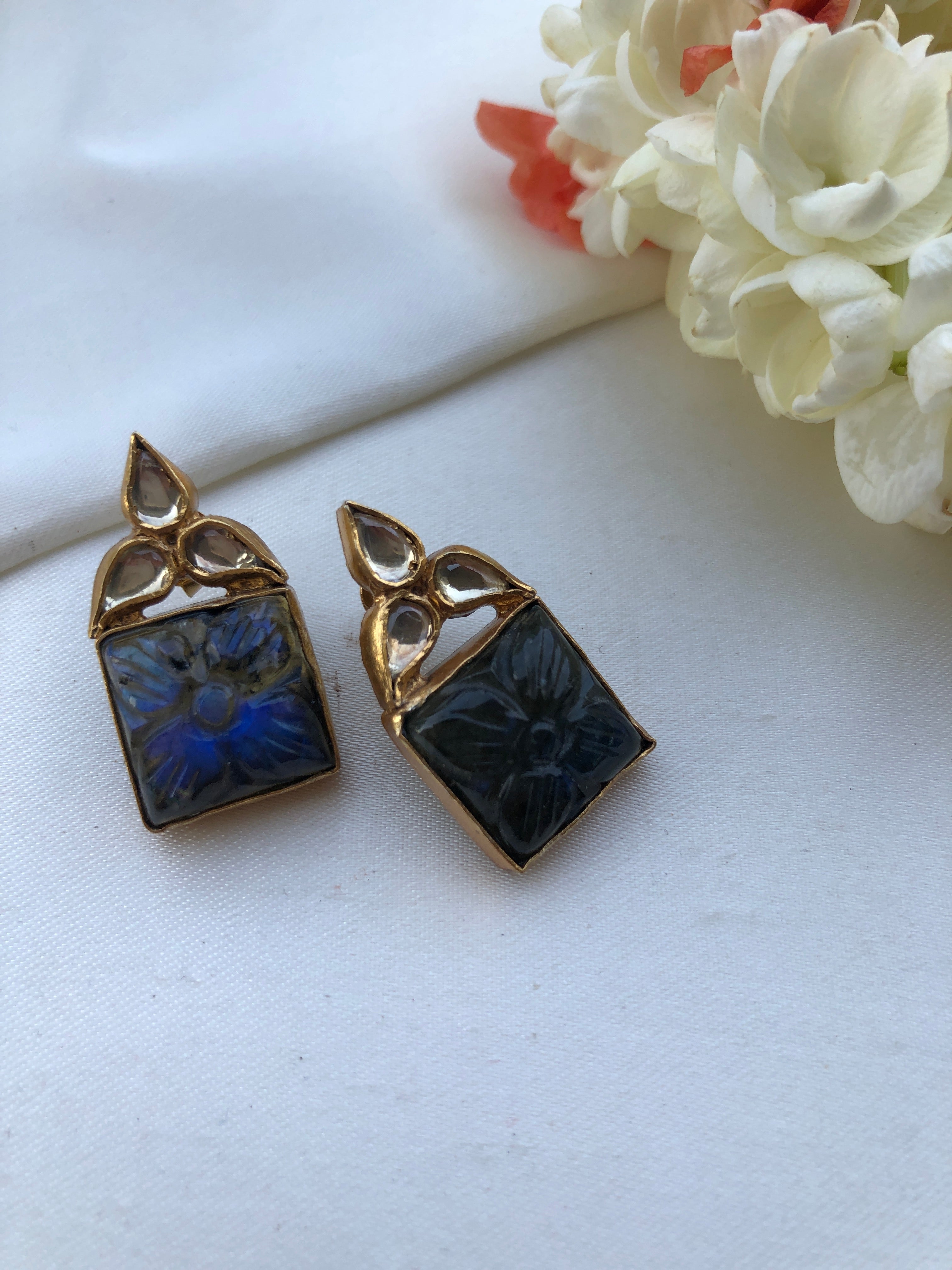 Grey agate kundan earrings-Earrings-PL-House of Taamara