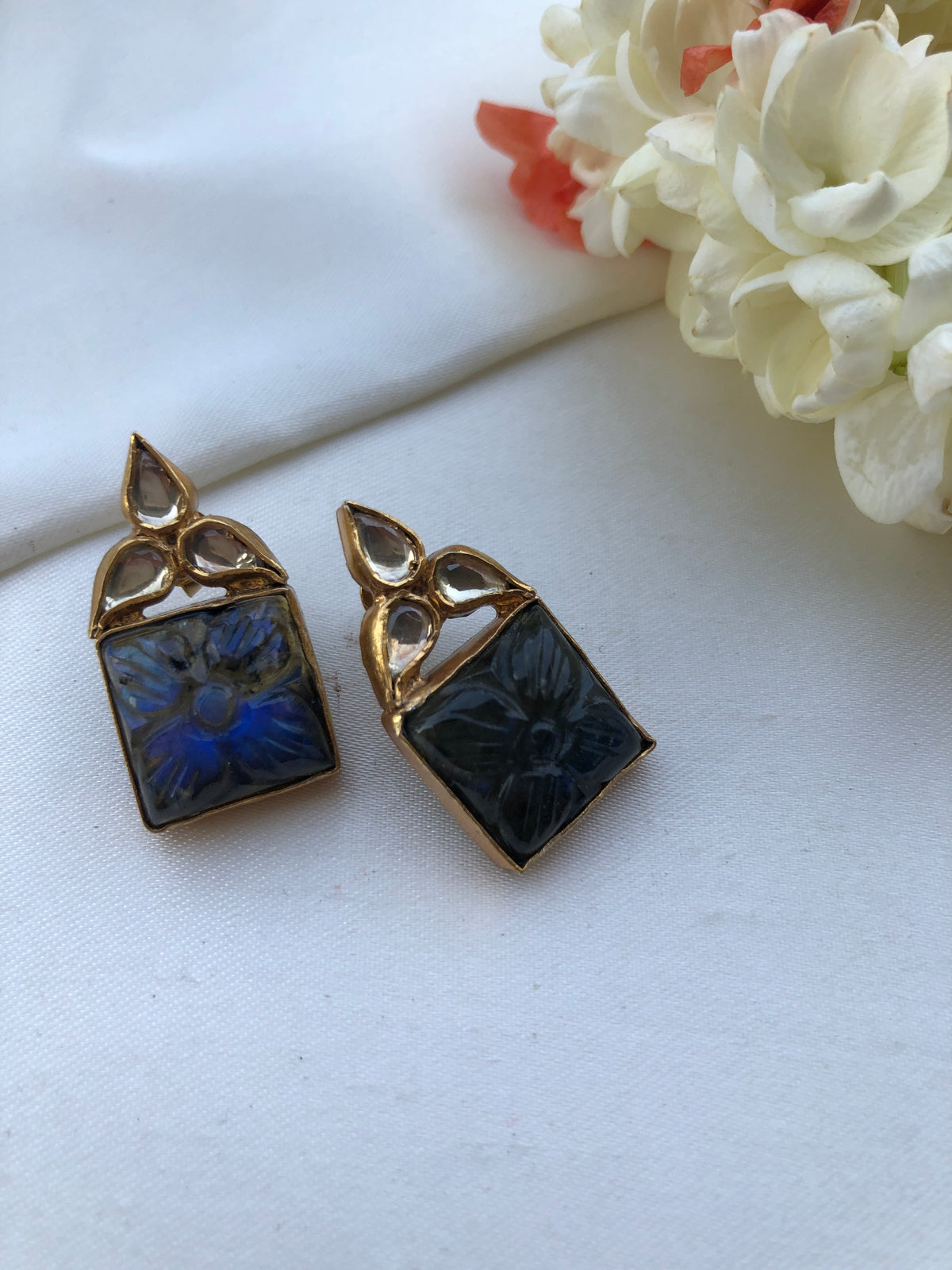 Grey agate kundan earrings-Earrings-PL-House of Taamara