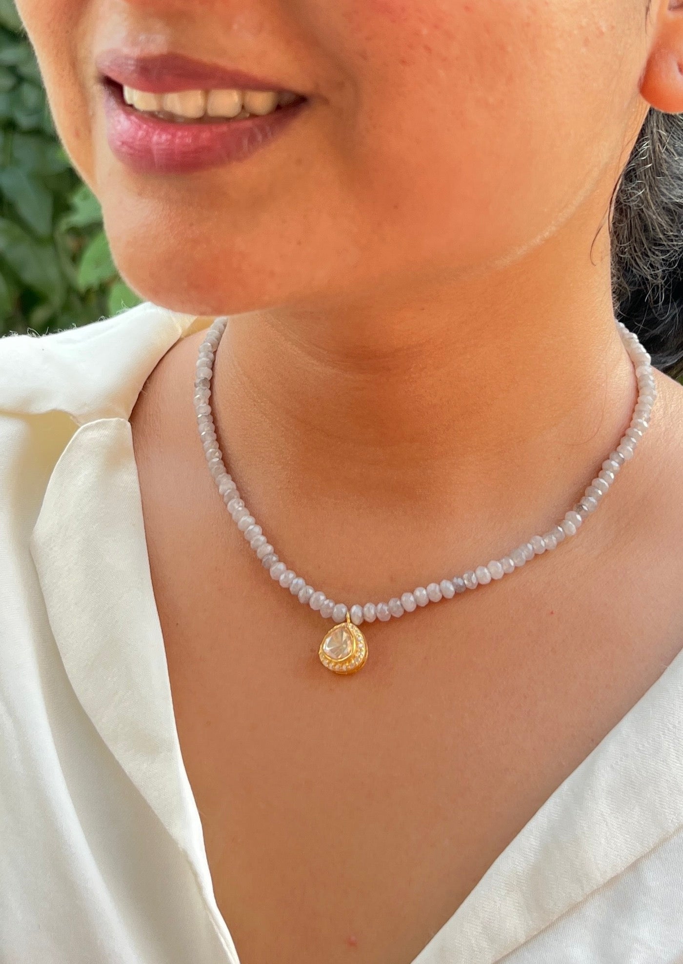 Grey onyx stones with uneven Moissanite stone pendant-Silver Neckpiece-EZ-House of Taamara