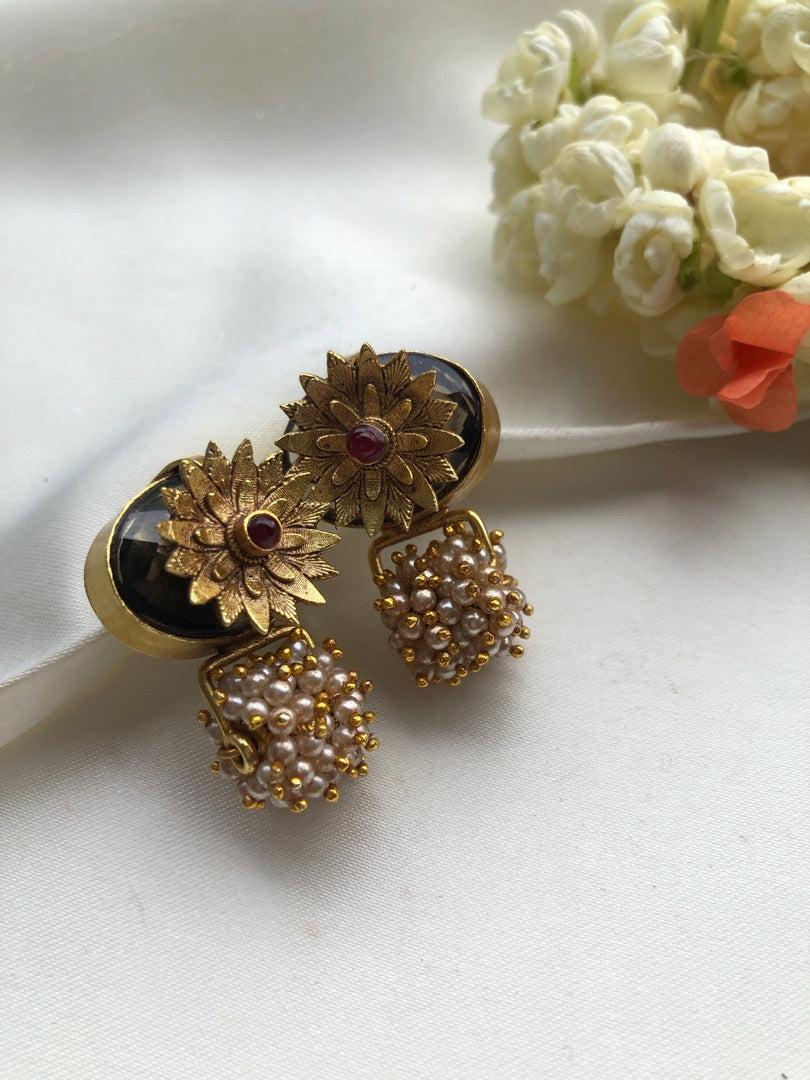 Grey quartz with antique flower & pearls bunch-Earrings-PL-House of Taamara