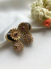 Grey quartz with antique flower & pearls bunch-Earrings-PL-House of Taamara