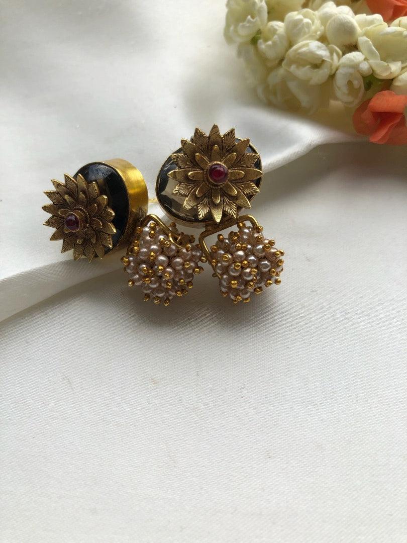 Grey quartz with antique flower & pearls bunch-Earrings-PL-House of Taamara