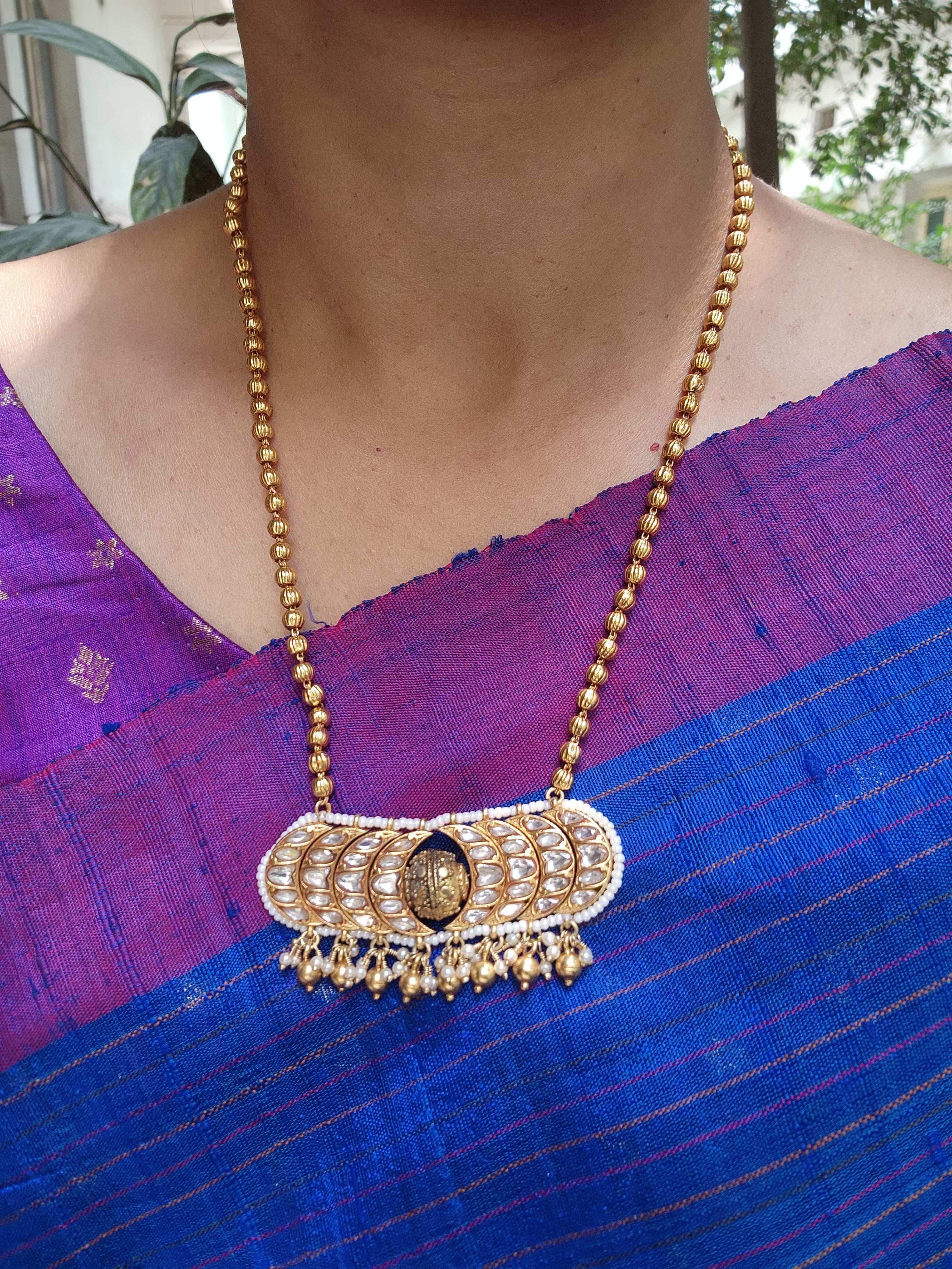Gundu mala necklace with kundan pendant-Silver Neckpiece-pl-House of Taamara
